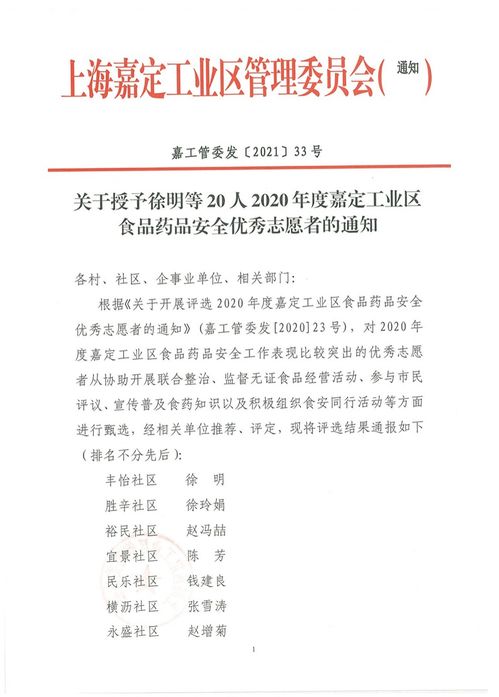 上海嘉定工业区管理委员会关于授予徐明等20人2020年度嘉定工业区食品药品安全优秀志愿者的通知